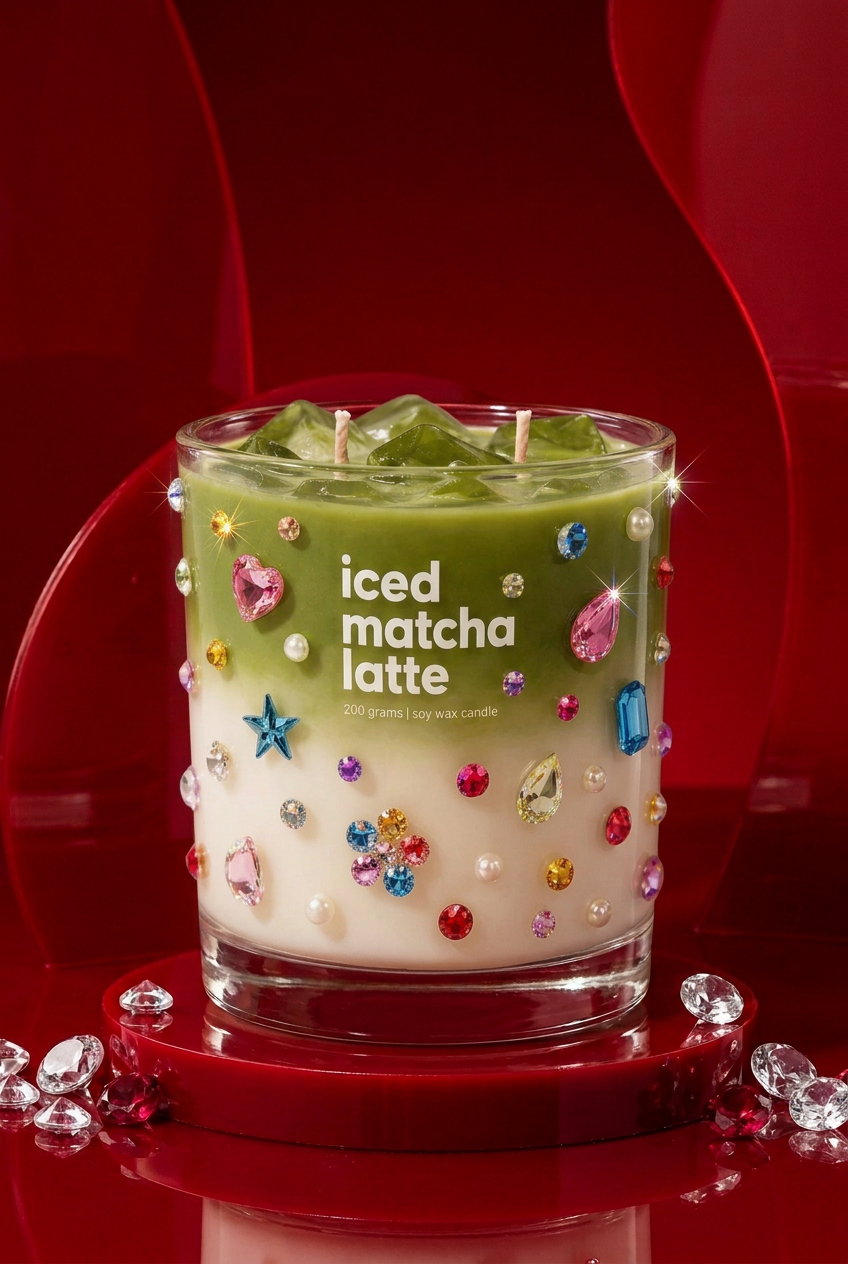 Bedazzled Iced Matcha Latte on a crimson studio set