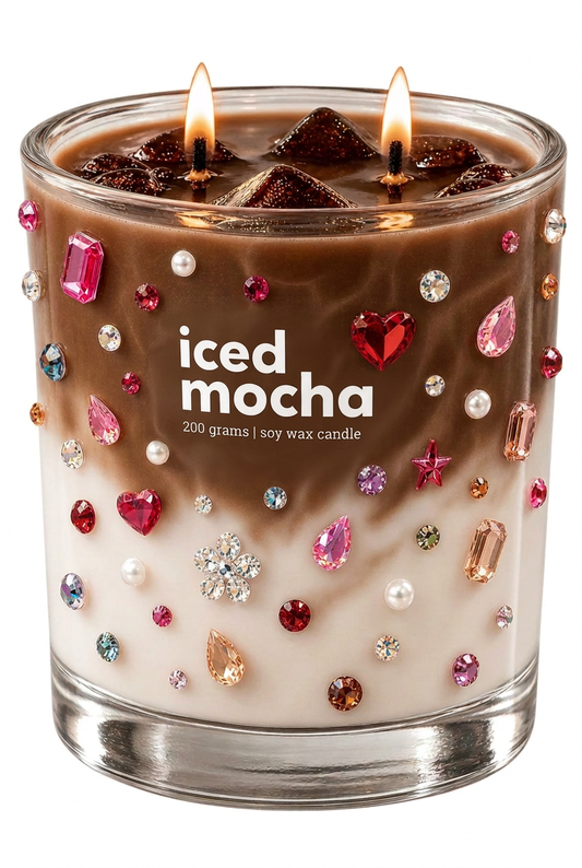Bedazzled Iced Mocha candle with clean label lettering