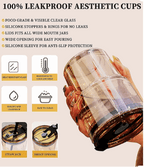 Glass Travel Coffee Mug Tumbler with Straw and Leather Sleeve, 400ml Portable Drinking Cup Sipper, 1pc - Color May Vary