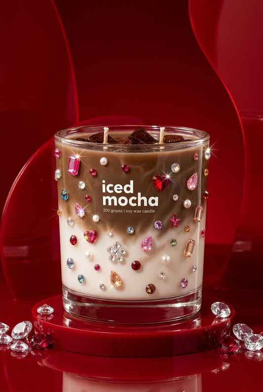 Bedazzled Iced Mocha on a dramatic red studio set