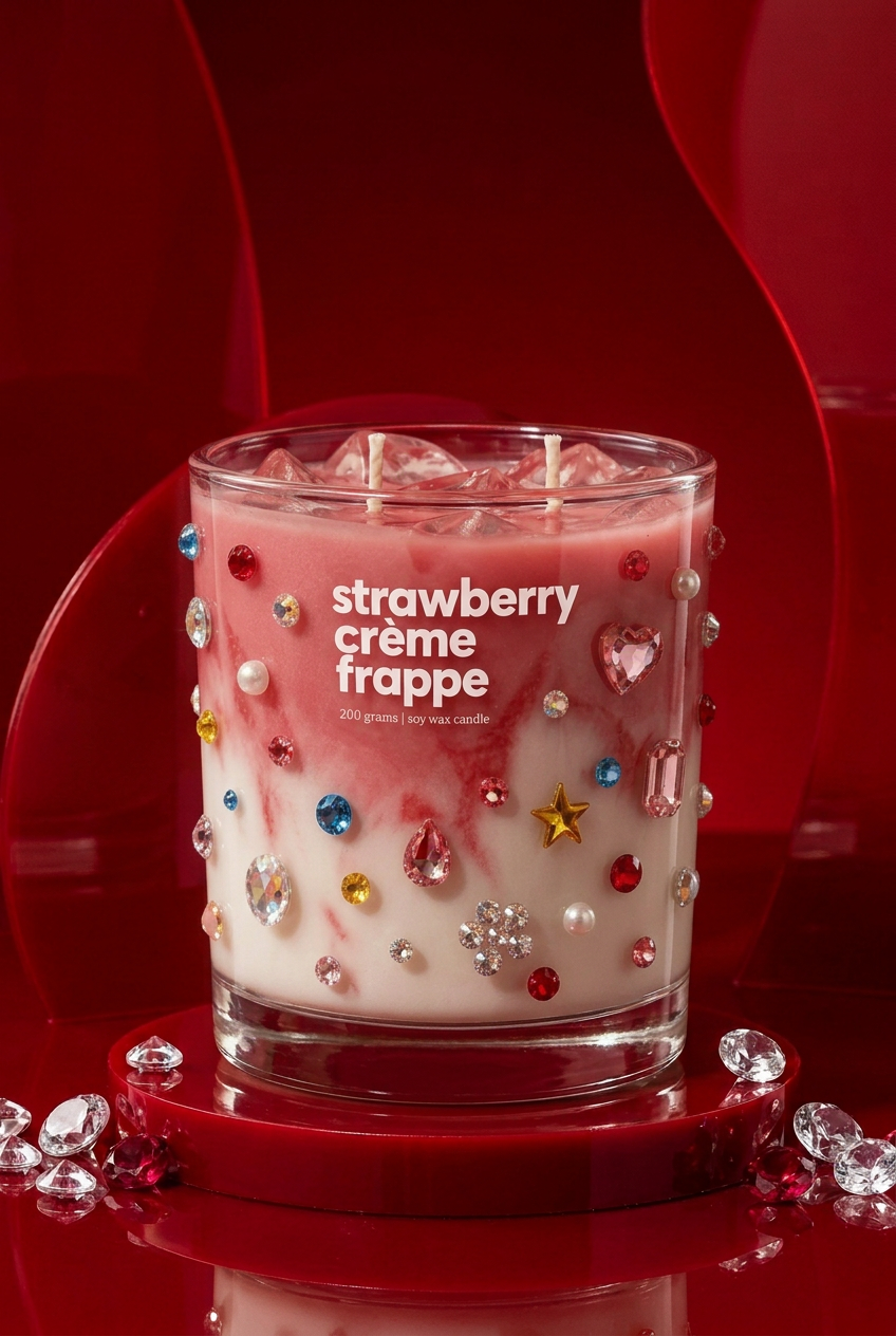 Bedazzled Strawberry Crème Frappe on a crimson studio set