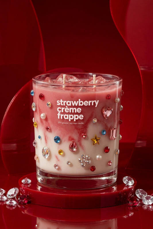 Bedazzled Strawberry Crème Frappe on a crimson studio set