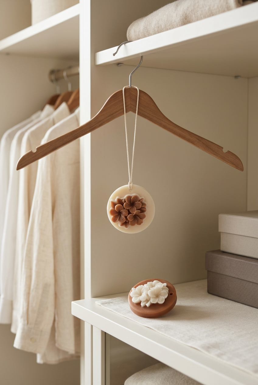Floral sachets styled on a wardrobe hanger and shelf