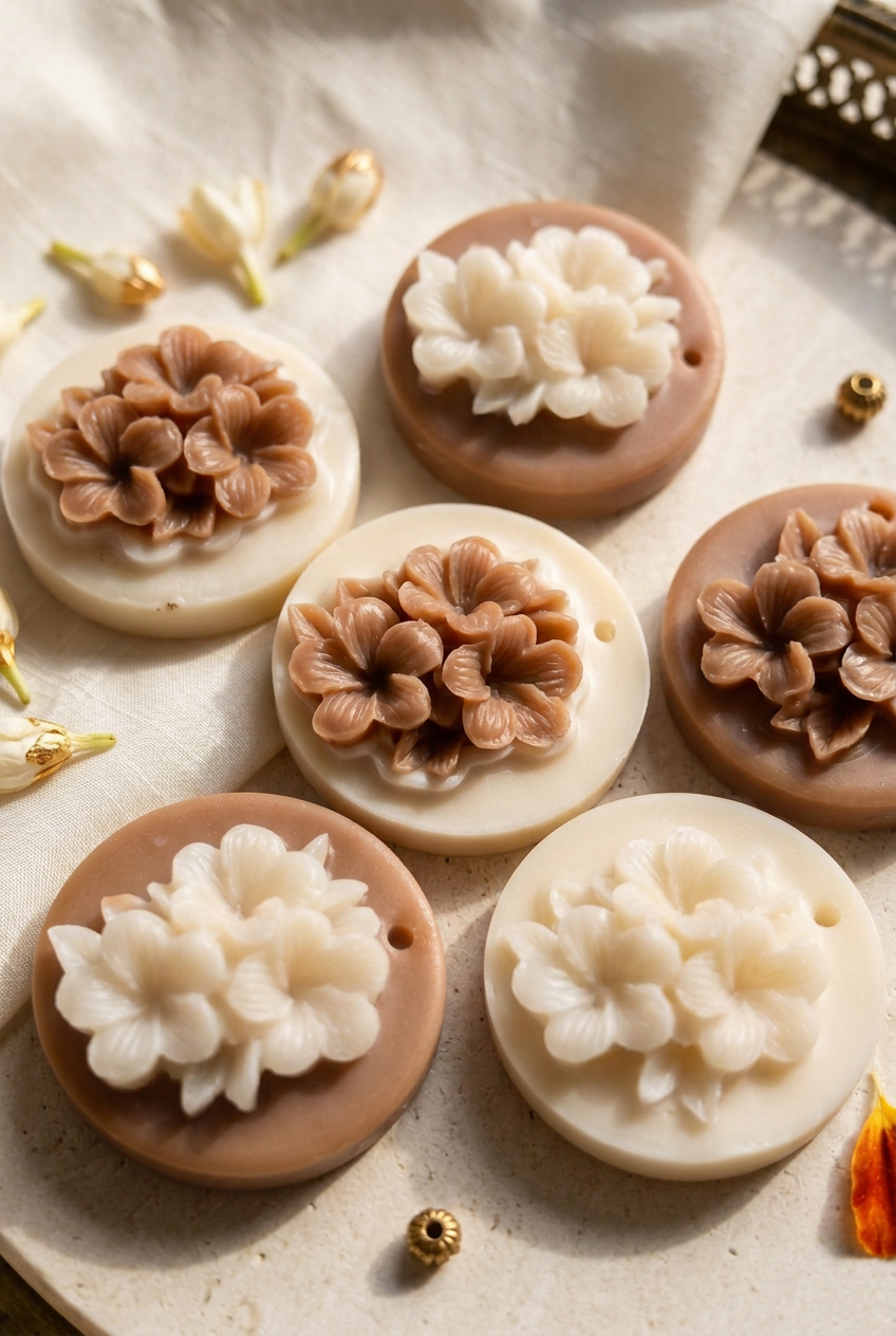 Close-up of handcrafted floral wax sachets in brown and ivory