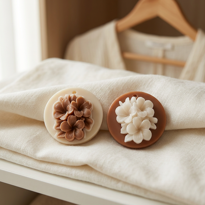 Sachets styled on an ivory wardrobe shelf